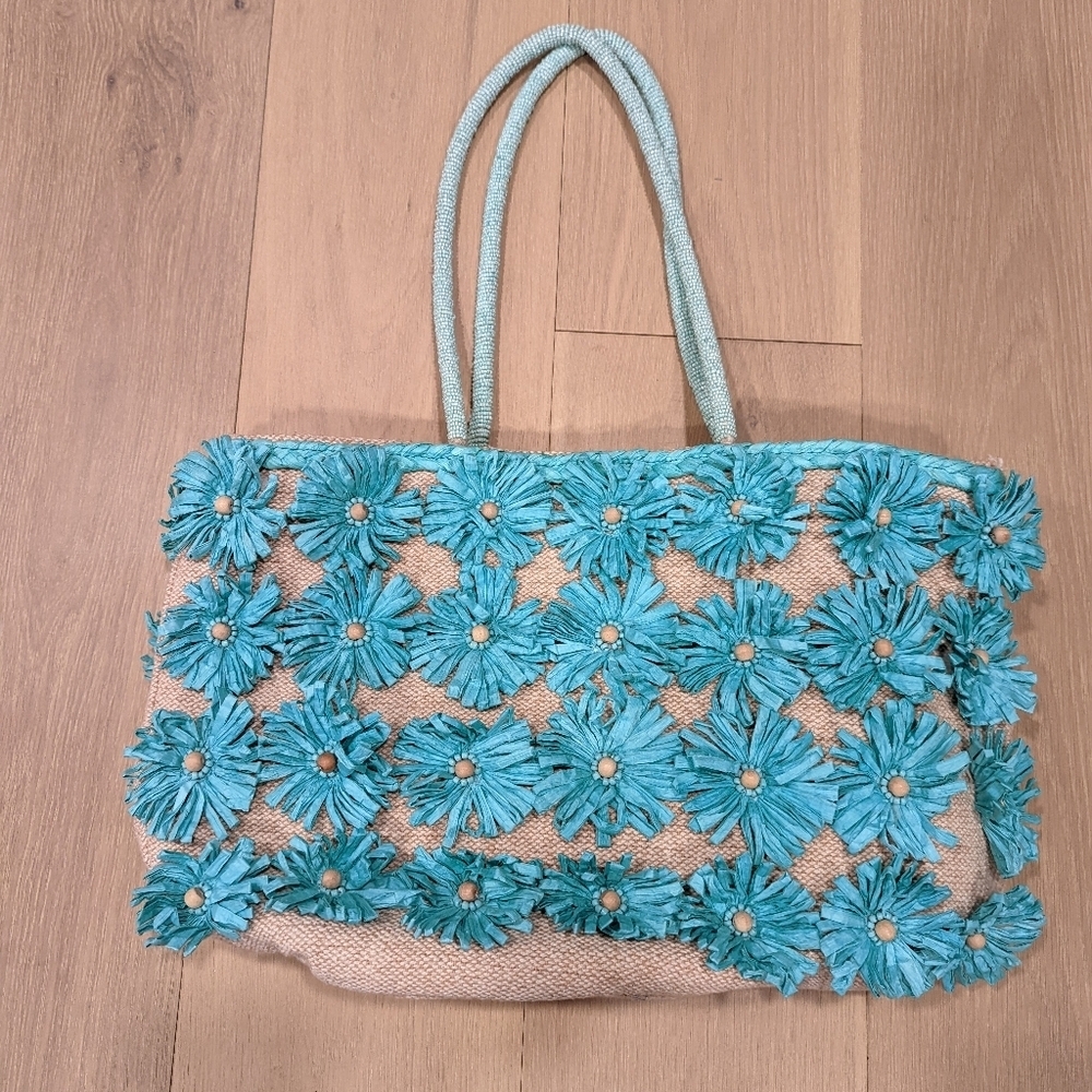 Floral Teal Taffeta and Beadwork Tote Bag - Picture 8 of 8